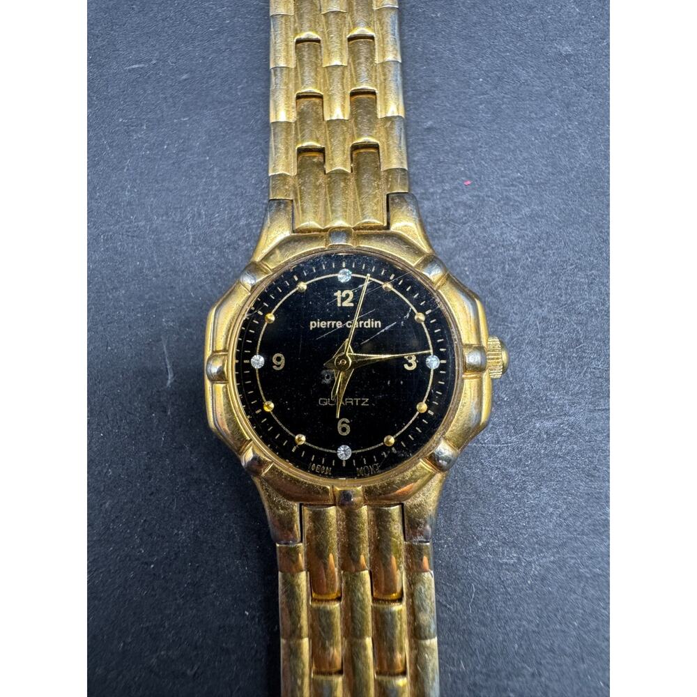 Vintage Pierre Cardin Gold Tone Black Dial Diamond Accent Watch LPC385L 051 22MM
